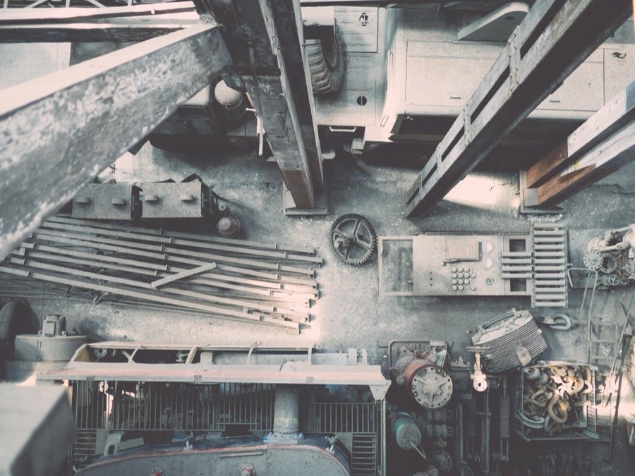 Top-down view of gears and a control panel