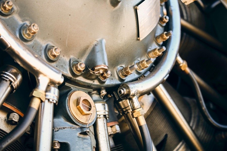 Close-up of a radial engine, bolts and hoses