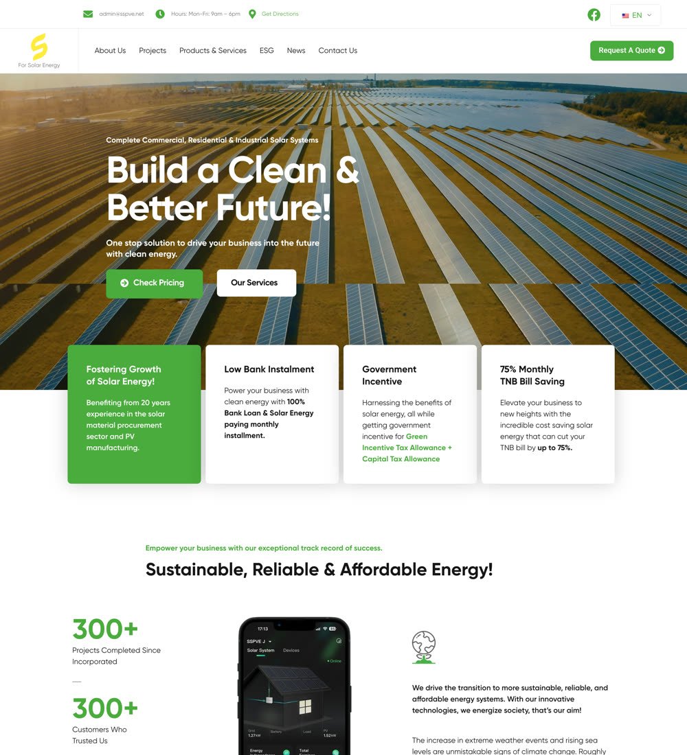 Southern Solar PV Energy homepage, showing the hero and services section